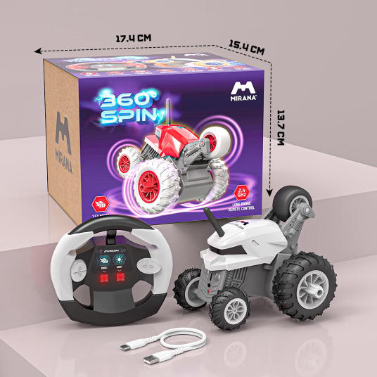 Mirana Warrior 360° Rotating Stunt RC Car for Kids, high-speed remote control vehicle with steering, USB Type-C rechargeable battery, Made in India (White).