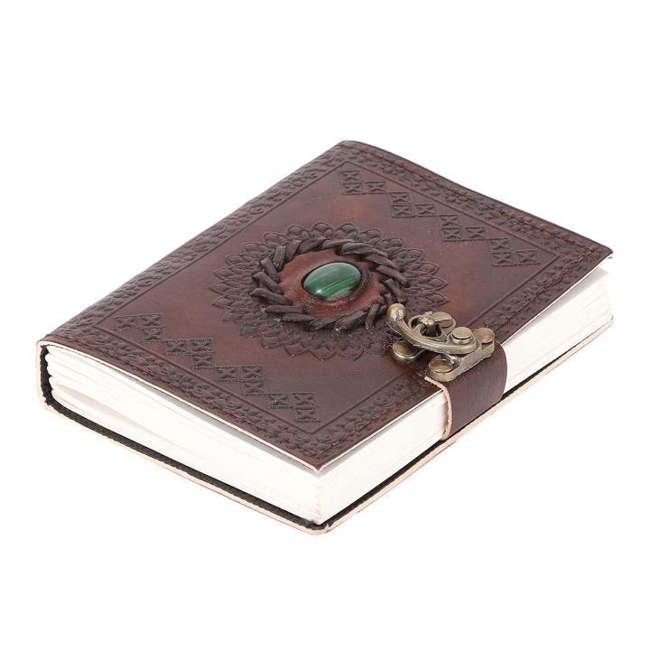Real Leather Green Stone Brown Embossed Handmade Diary with Metal Lock
