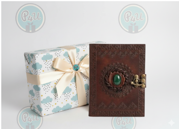 Real Leather Green Stone Brown Embossed Handmade Diary with Metal Lock