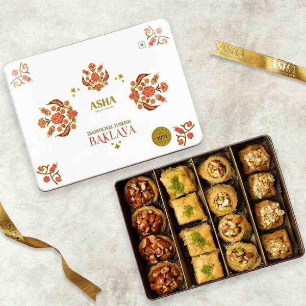 ASHA SWEETS Baklava Assorted Sweets (Pack Of 1 X 430 Grams) Tin Box, Diwali Gift,