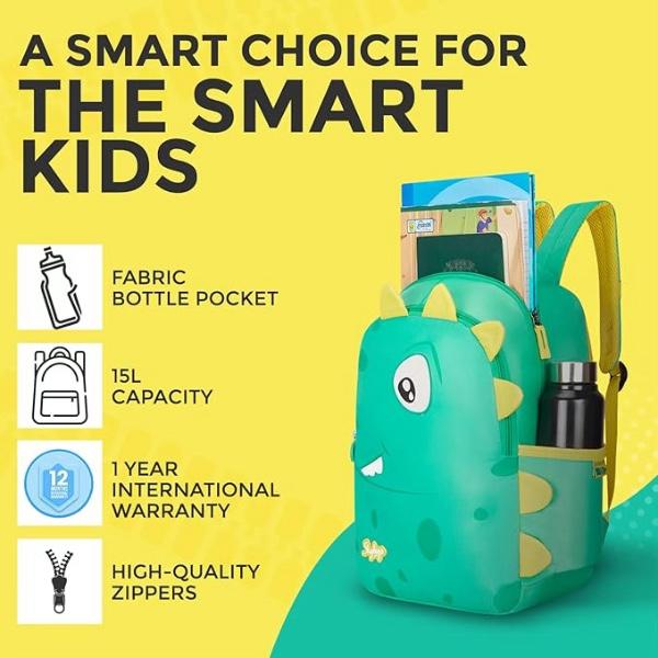 SKYBAGS Dino 02 Green School Backpack with 2 Compartments, Padded Grab Handle, Padded Shoulder Straps, and 1 Bottle Pocket.