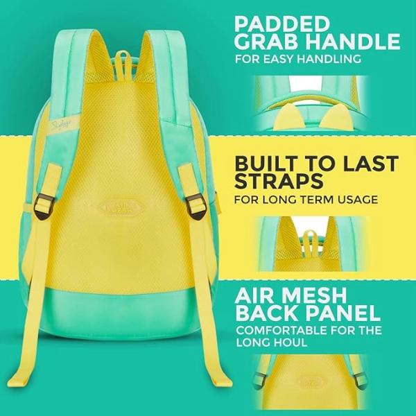 SKYBAGS Dino 02 Green School Backpack with 2 Compartments, Padded Grab Handle, Padded Shoulder Straps, and 1 Bottle Pocket.